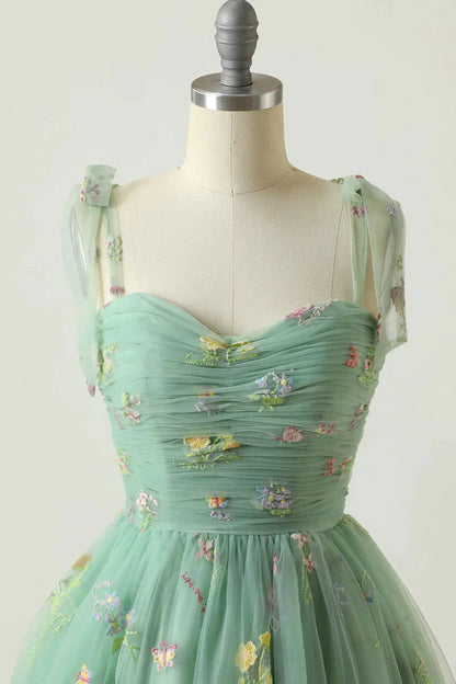 A Line Spaghetti Straps Champagne Short Homecoming Dress with Embroidery