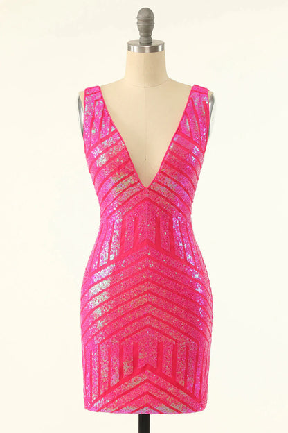 Vestido corto de fiesta con lentejuelas rosa intenso y escote en V con brillos