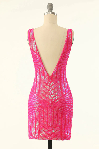 Vestido corto de fiesta con lentejuelas rosa intenso y escote en V con brillos