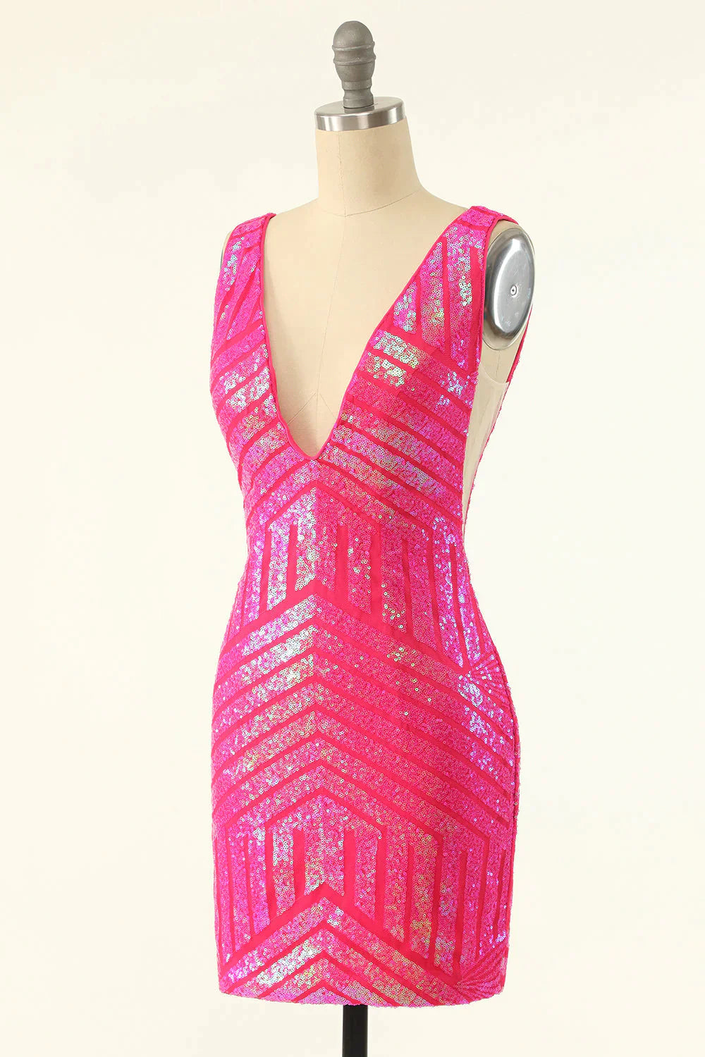 Vestido corto de fiesta con lentejuelas rosa intenso y escote en V con brillos