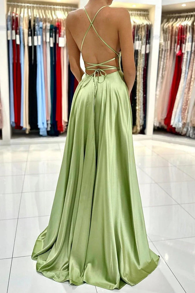A Line Satin Simple Backless Long Prom Dresses with Slit