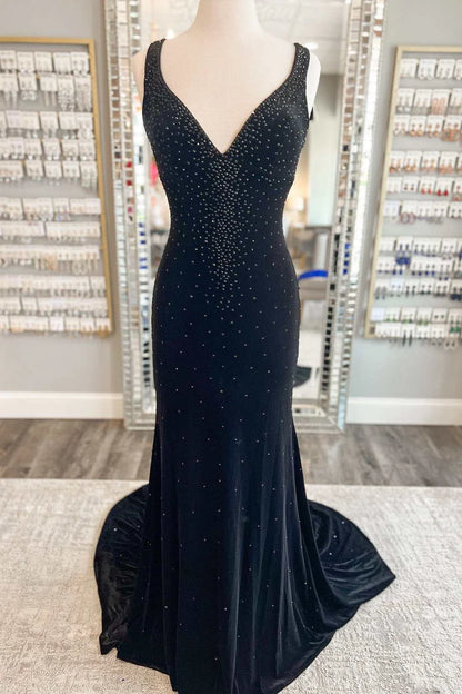 Vestido formal largo de sirena de terciopelo con escote en V y espalda recortada