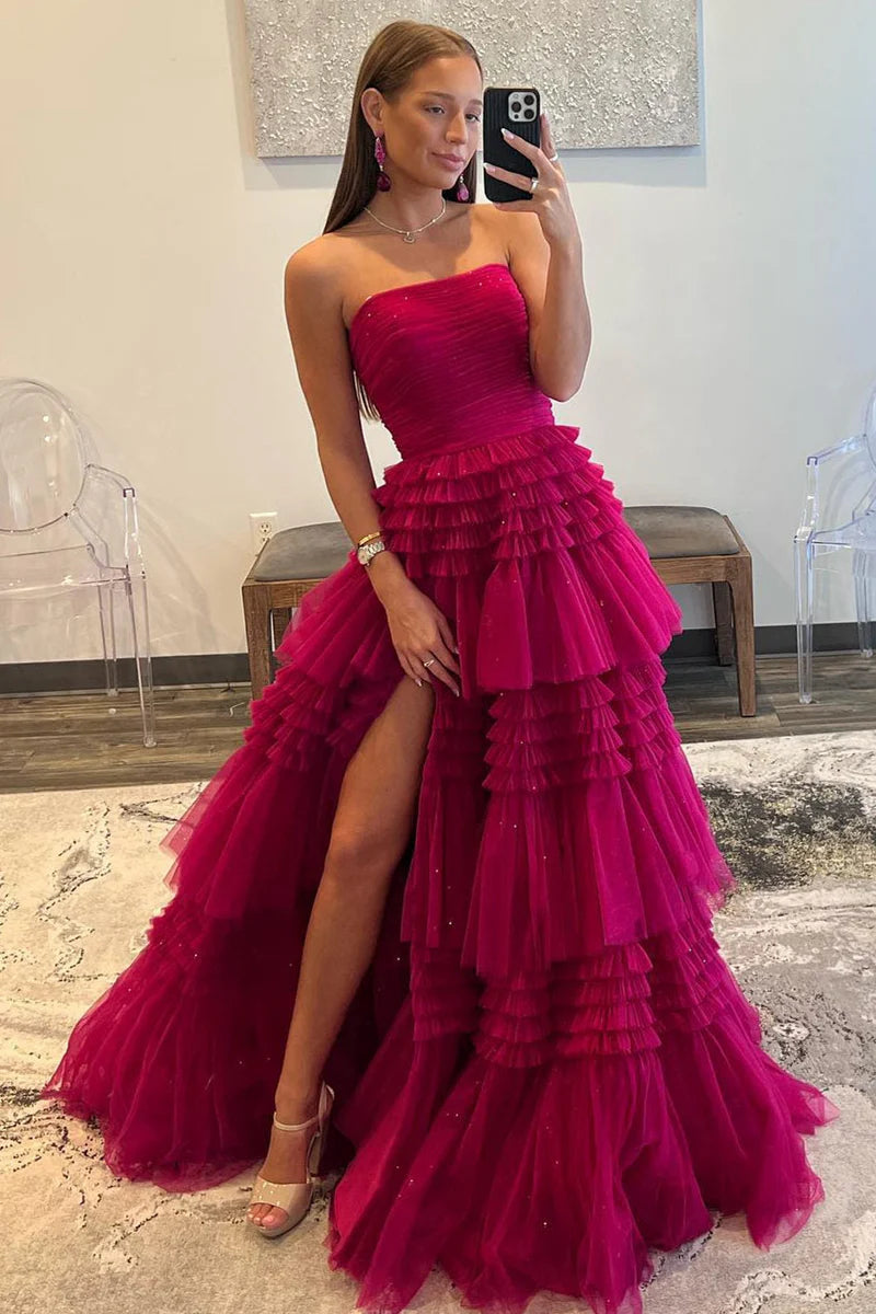 A-Linie, trägerlos, gestuftes, langes Tüll-Ballkleid mit Rüschen