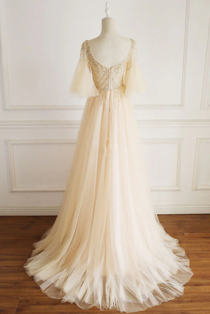 V neck tulle sequin long prom dress