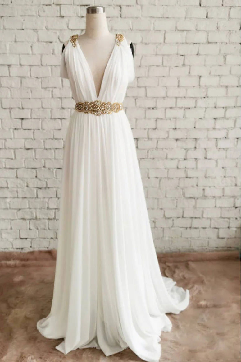V neck chiffon long Wedding Dresses