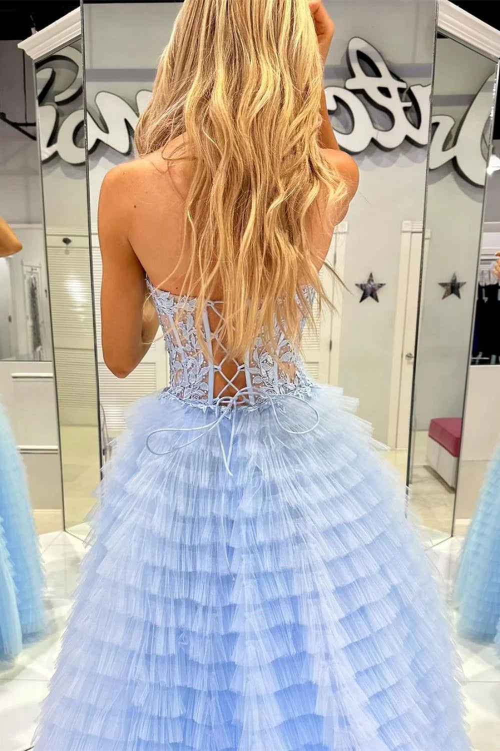 A Line Corset Prom Dress with Appilques Ruffles