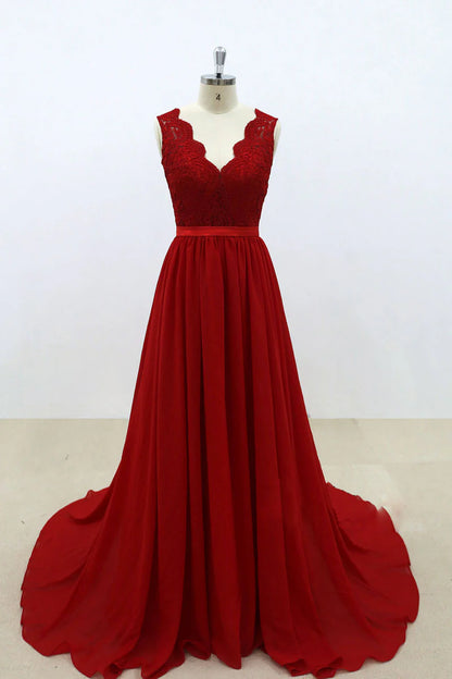 V neck lace chiffon long prom dress