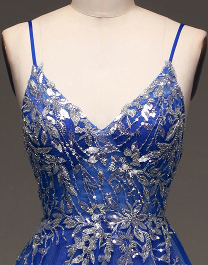 A-Linie Spaghettiträger Langes Glitzer Tüll Ballkleid