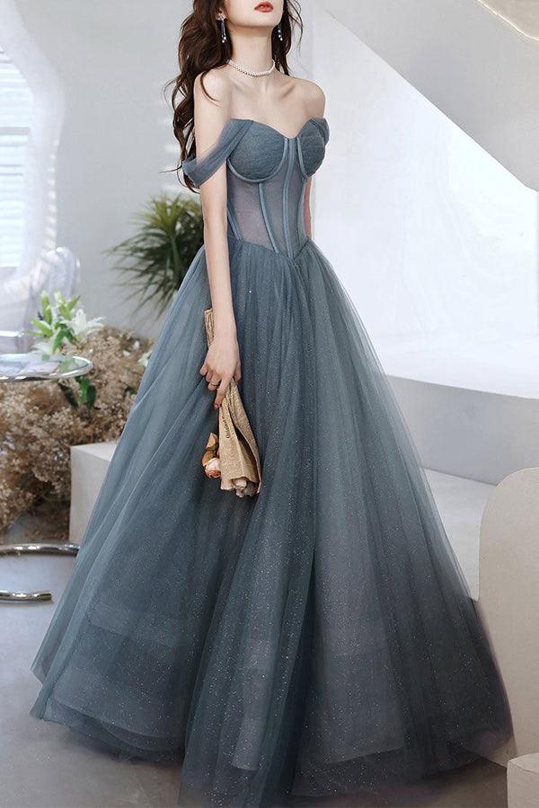 A-line Off The Shoulder Tulle Long Prom Dress