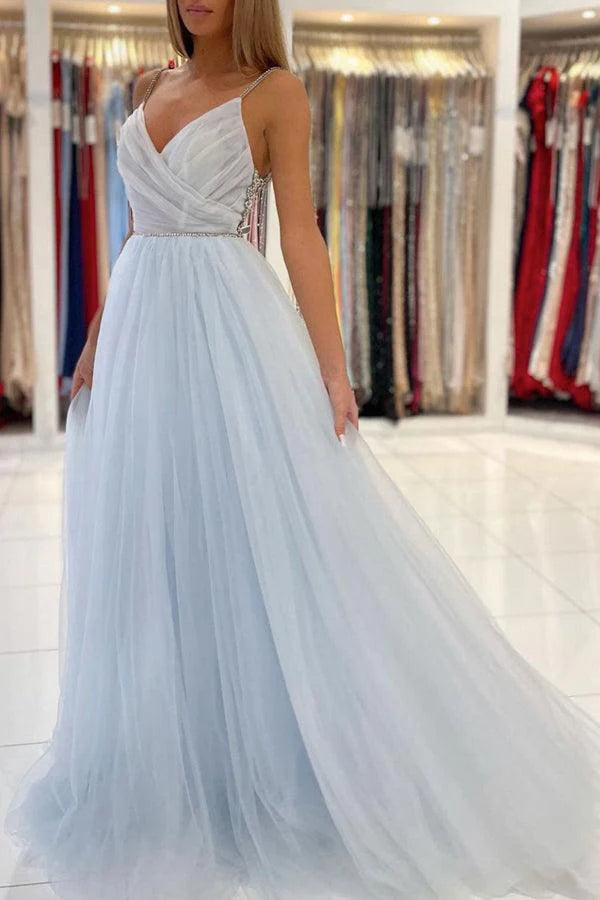Tulle Long Backless Gown Prom Dresses