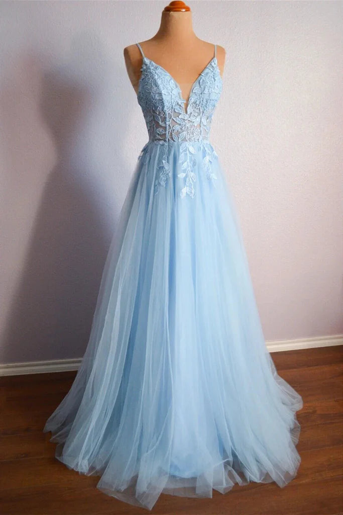 V Neck Lace Up Appliques Tulle Long Prom Dress