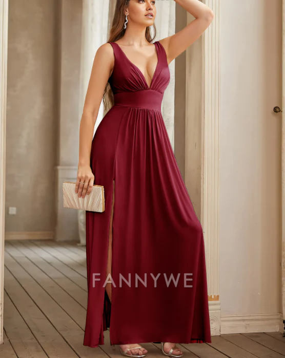 A-line Deep V Long formal dresses Bridesmaid Dresses evening gown Prom Dress with Slit