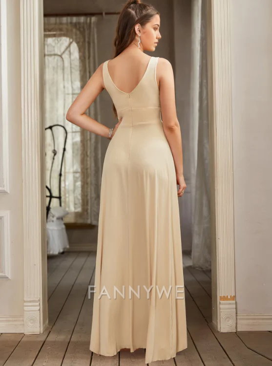 A-line Deep V Long formal dresses Bridesmaid Dresses evening gown Prom Dress with Slit