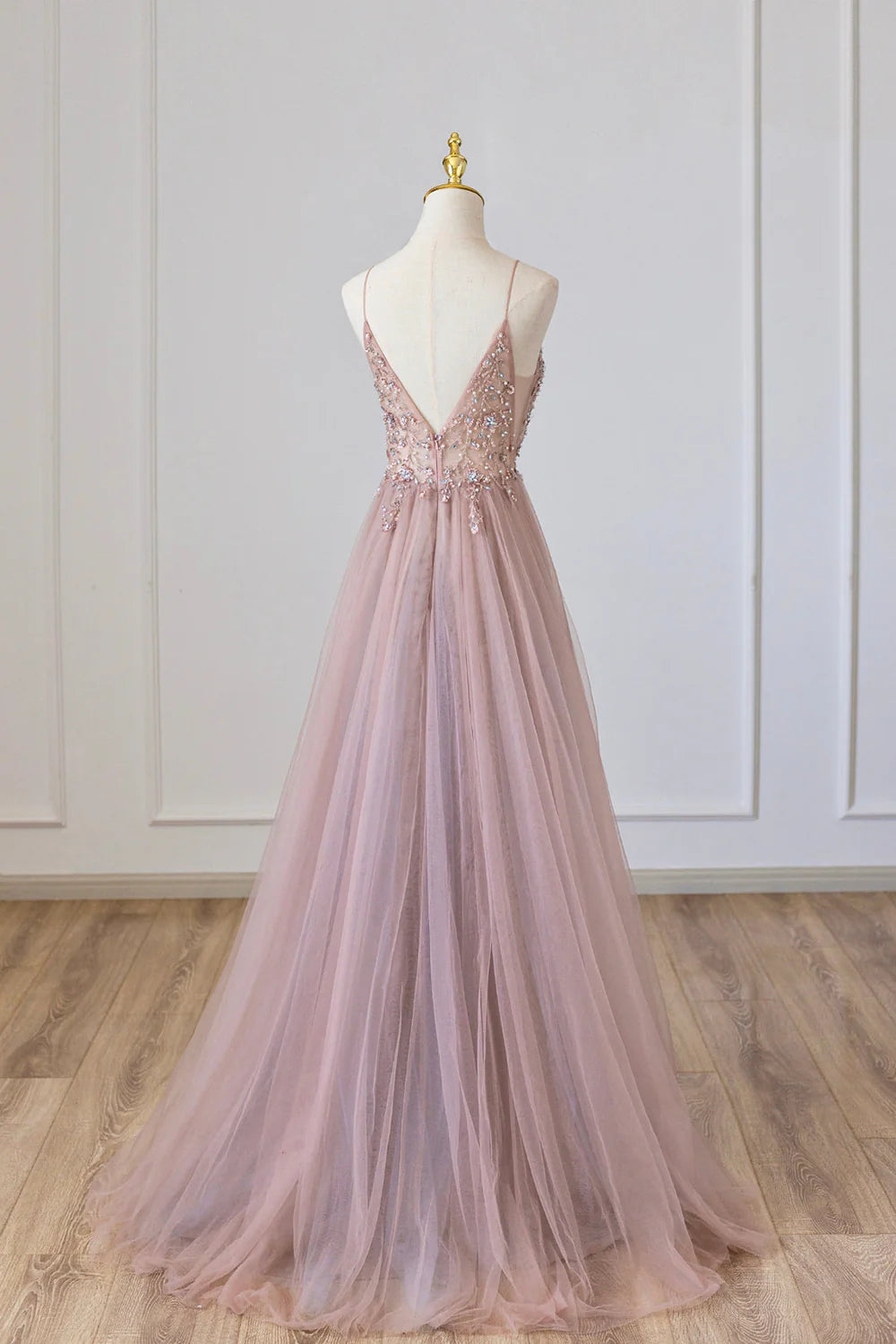 A-Linie Tüll Langes Spaghetti Abendkleid mit Perlenbesatz