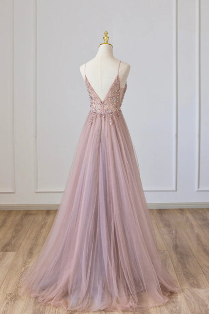 A-Linie Tüll Langes Spaghetti Abendkleid mit Perlenbesatz