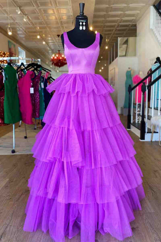 A-Line Crew Neck Tiered Tulle Long Formal Dress