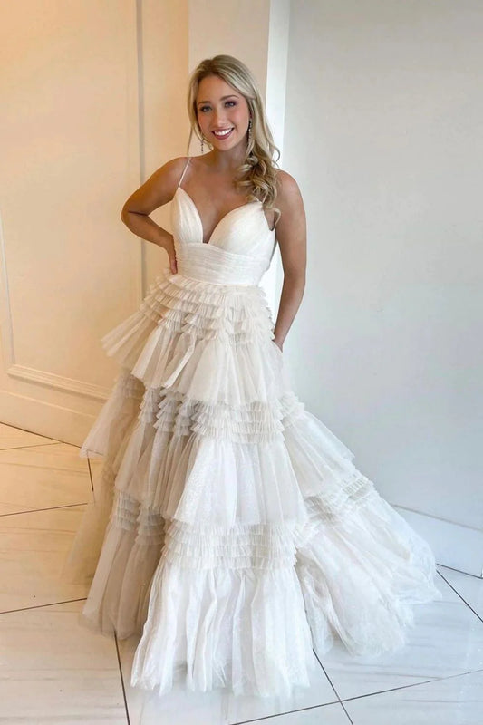 Neuankömmling A-Linie Spaghettiträger Weißes Brautkleid mit Rüschen