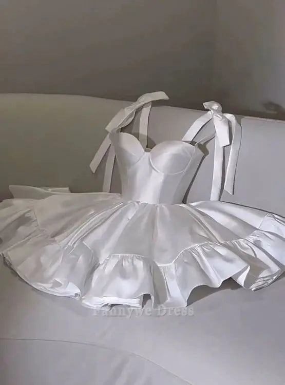 A Line Sweetheart Short Satin White formal dresses evening gown Prom Dress Wedding Dress
