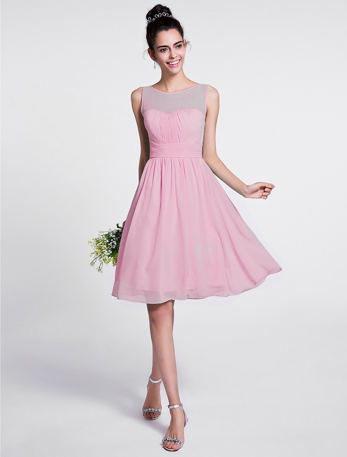 Vestido de dama de honor de corte A, escote redondo, sin mangas, largo hasta la rodilla, de gasa con fruncido/drapeado