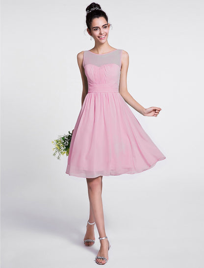 A-Line Bridesmaid Dress Scoop Neck Sleeveless Knee Length Chiffon with Ruched / Draping