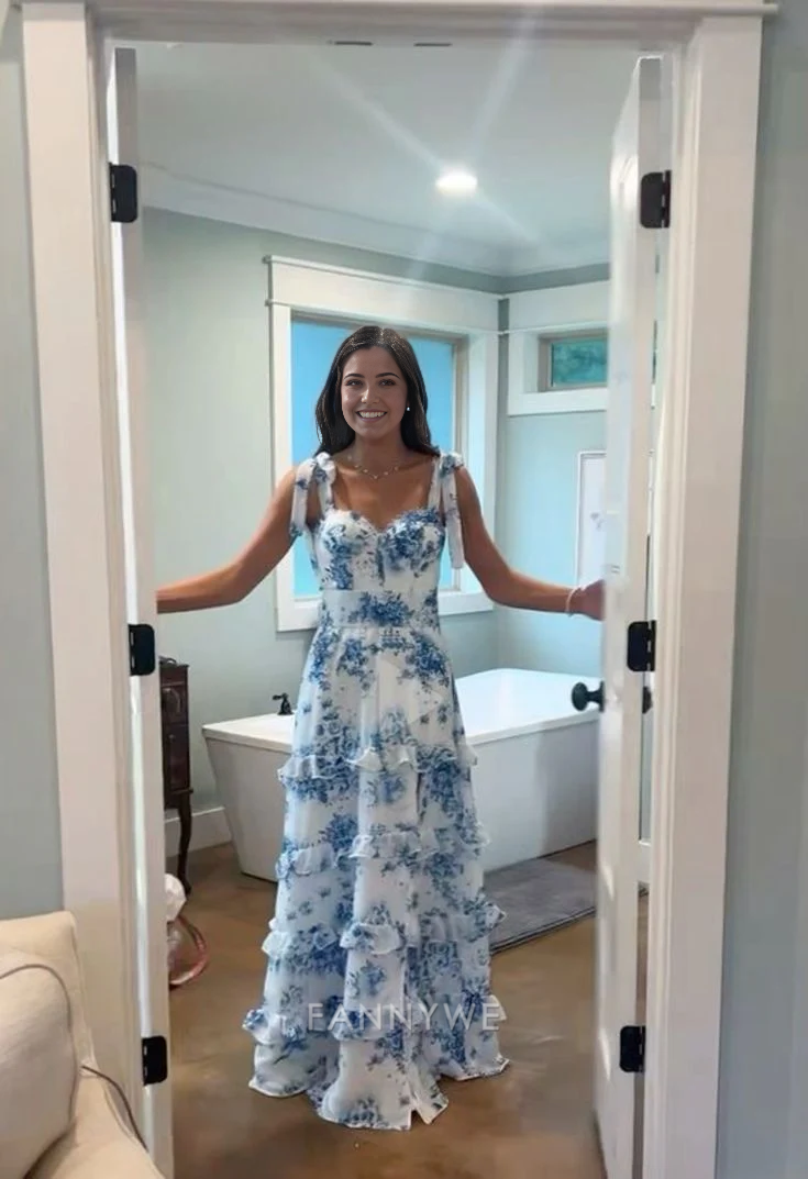 A-Linie Schöner Blumendruck Satin Blau Lange Abendkleider Brautjungfernkleider Abendkleid Ballkleid 