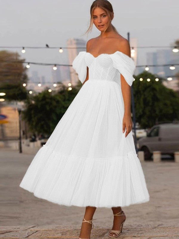 A-Line/Princess Tulle Ruffles Off-the-Shoulder Sleeveless Tea-Length Homecoming Dresses