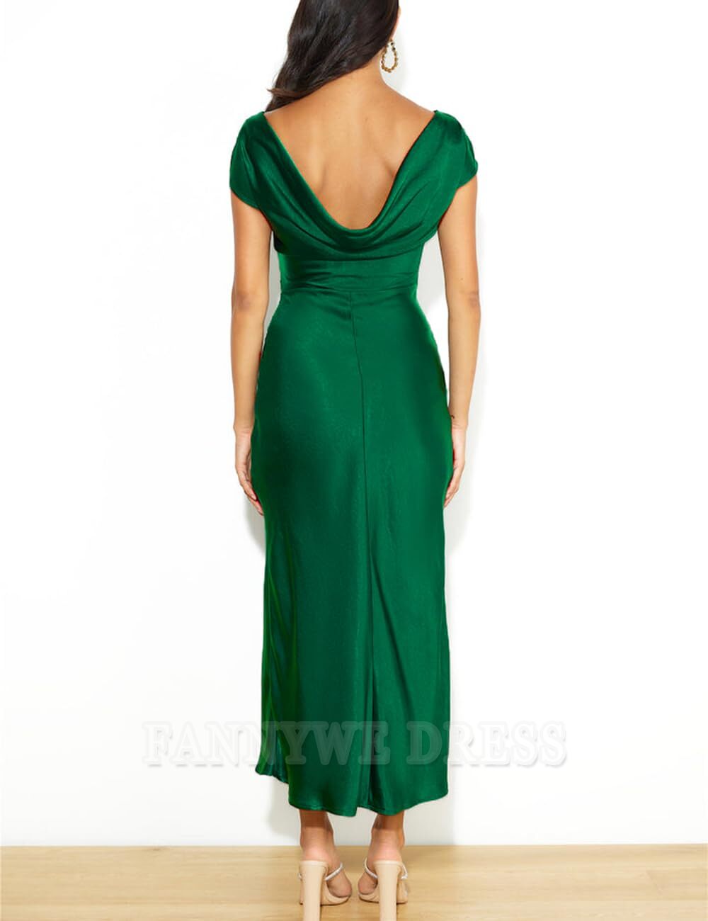 Sheath Elegant Cap Sleeve Cowl Back Ruched Waist Satin formal dresses Bridesmaid Dresses evening gown Prom Dress