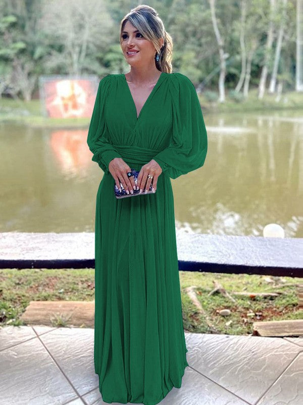 A-Line/Princess Chiffon Ruffles V-neck Long Sleeves Floor-Length Mother of the Bride Dresses