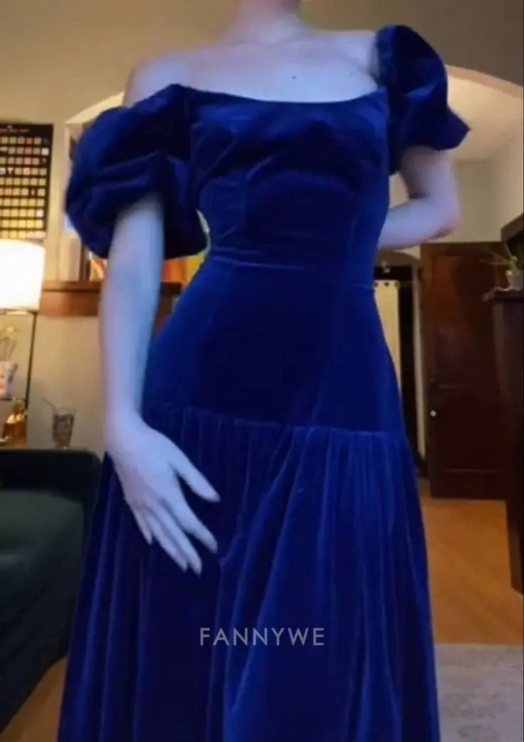 A-Line Velvet Short Sleeves Royal Blue Long formal dresses Bridesmaid Dresses evening gown Prom Dress