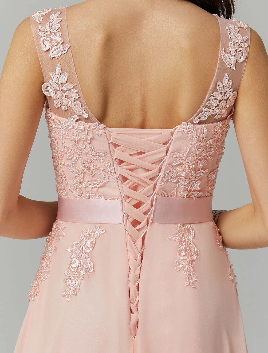 Vestido de dama de honor de corte A, cuello joya, sin mangas, elegante, largo hasta el suelo, de gasa/encaje con apliques