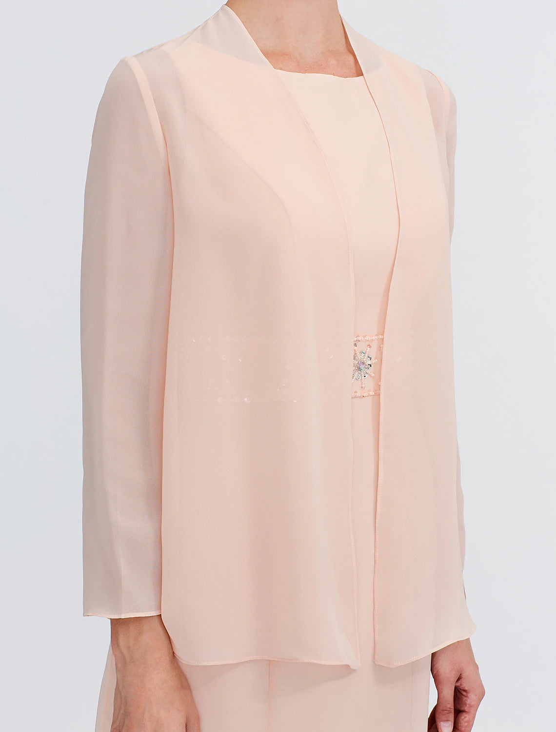 Vestido de dos piezas tipo tubo/columna para madre de la novia, para invitadas de boda de otoño, talla grande, elegante, cuello joya, largo hasta la rodilla, de gasa, sin mangas, cruzado, incluido con faja/cinta, pliegues y abalorios