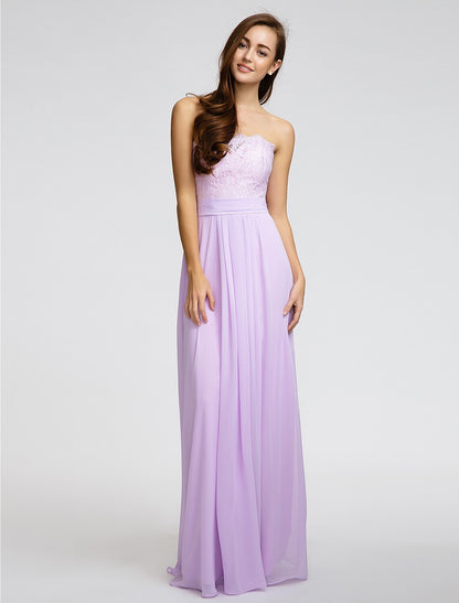Vestido de dama de honor de gasa/encaje, largo hasta el suelo, sin tirantes, con faja, cinta y pliegues, de muestra de producto