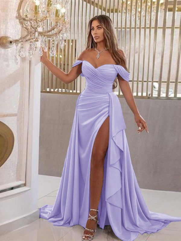 Sheath/Column Jersey Ruched Off-the-Shoulder Sleeveless Sweep/Brush Train Dresses