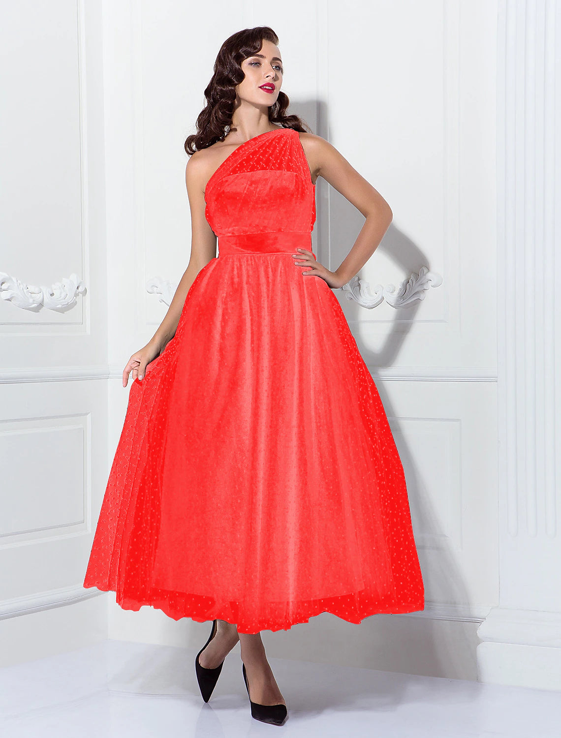 Vestidos de cóctel de corte A, vestido de los años 50, para invitada de boda, largo hasta los tobillos, sin mangas, un hombro, Miércoles de la Familia Addams, tul con pliegues, estampado/estampado