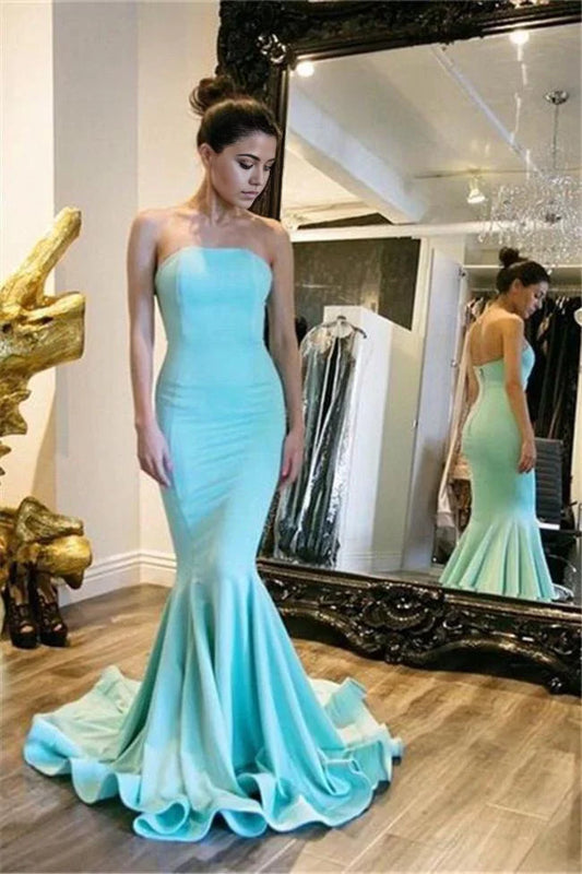 Vestidos de fiesta largos de satén sin tirantes de sirena Vestidos de noche