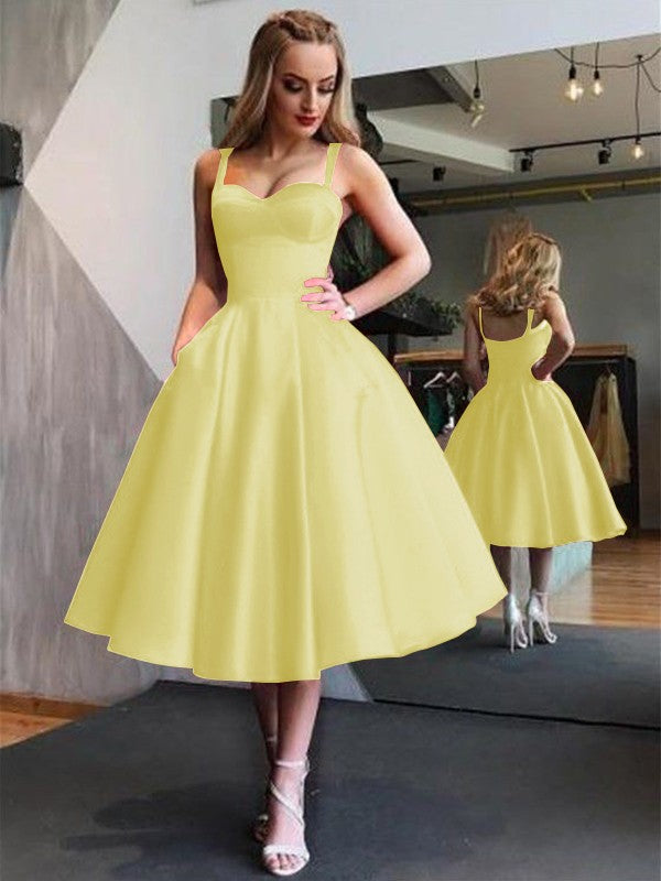 A-Line Straps Satin Sleeveless With Ruffles Tea-Length Dresses