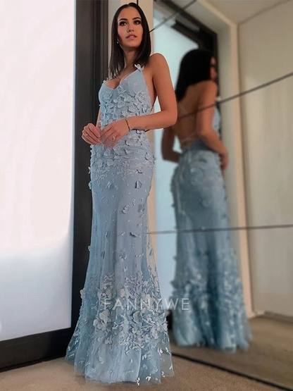Sheath/Column V-Neck Halter Sleeveless Tulle Applique Floor-Length formal dresses Bridesmaid Dresses evening gown Prom Dress