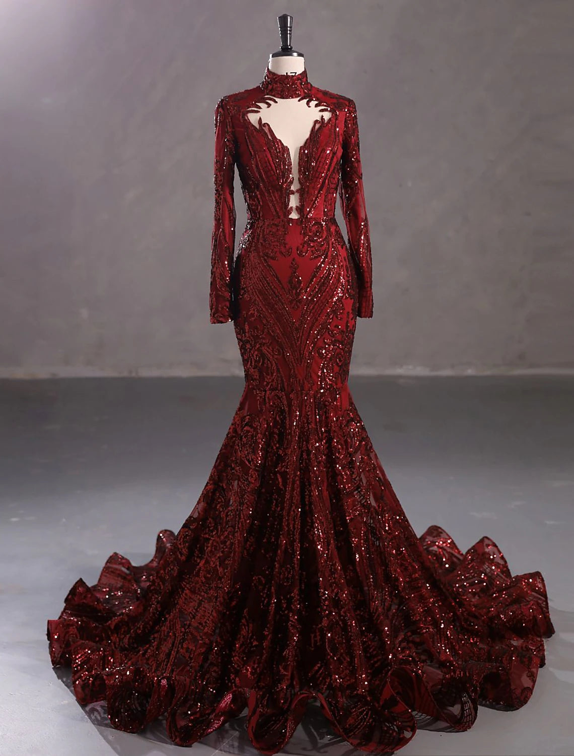 Mermaid / Trumpet Evening Gown Elegant Dress Engagement Court Train Long Sleeve Stand Collar Lace with Sequin