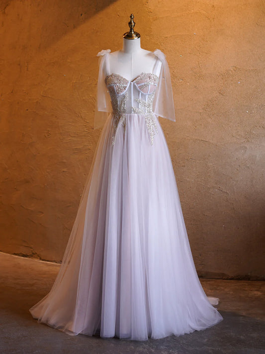 A-line Corset Applique Tulle Bow Straps sweep train Long Prom Dress