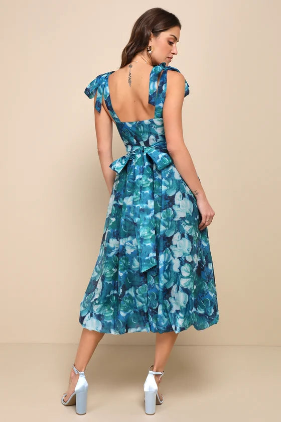 Vestido midi de organza con estampado floral azul verdoso y burbujas Flowering Day Dream