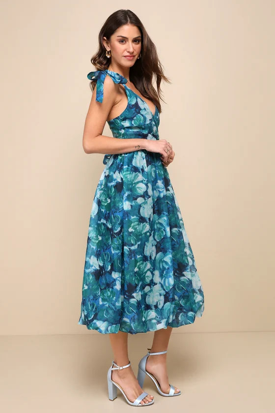 Vestido midi de organza con estampado floral azul verdoso y burbujas Flowering Day Dream