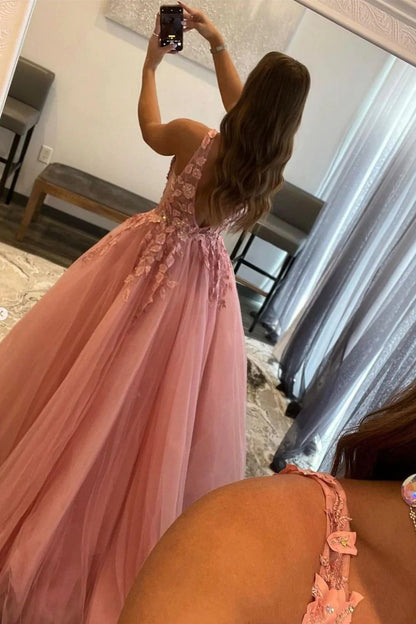 Prinzessin A-Linie V-Ausschnitt Rosa Langes Ballkleid mit Applikationen