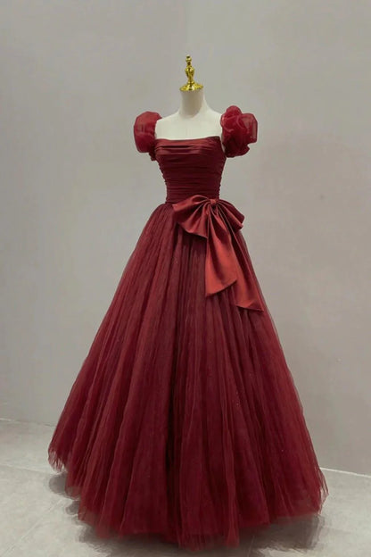 Princess A Line Burgundy Long Prom Dress with Short Sleeves