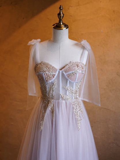 A-line Corset Applique Tulle Bow Straps sweep train Long Prom Dress