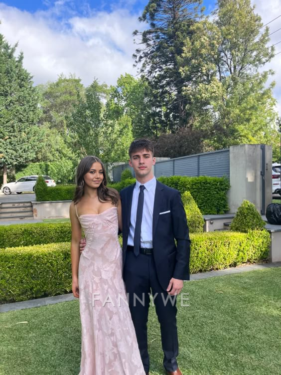 A-Linie elegante Spaghettiträger figurbetont Rosa Spitze lange Abendkleider Brautjungfernkleider Abendkleid Ballkleid 