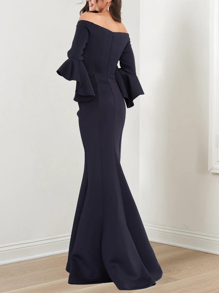 Vestidos de madre de la novia con corte sirena, hombros descubiertos y mangas 3/4