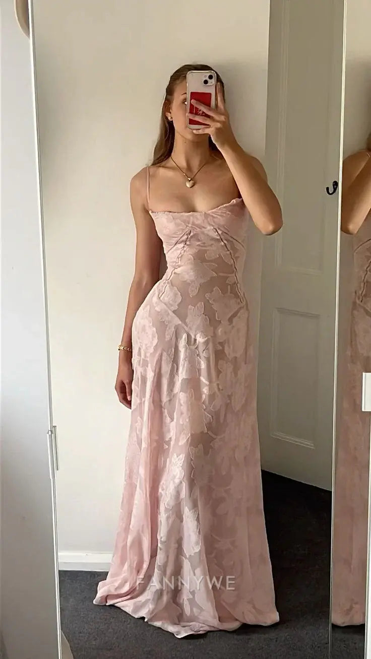 A-line elegant spaghetti strap bodycon Pink lace long formal dresses Bridesmaid Dresses evening gown Prom Dress