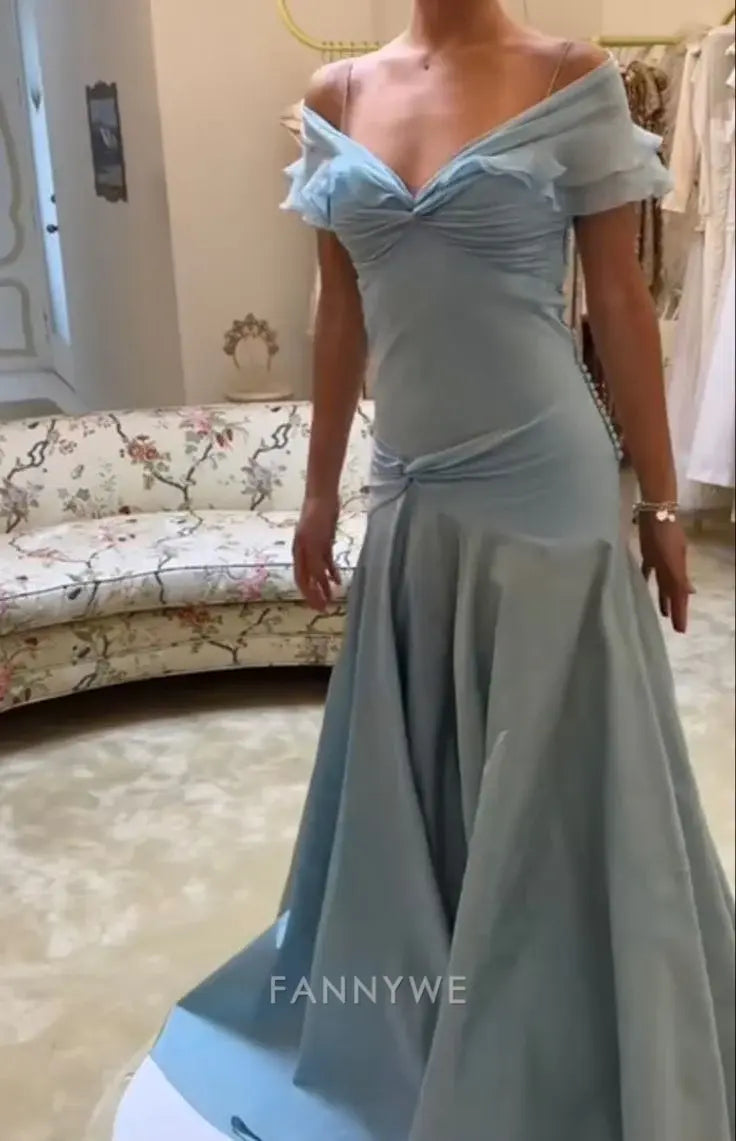 A-line elegant simple off-shoulder tulle Blue long formal dresses Bridesmaid Dresses evening gown Prom Dress
