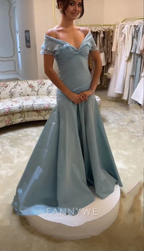 A-Linie elegant schlicht schulterfrei Tüll Blau lange Abendkleider Brautjungfernkleider Abendkleid Ballkleid 