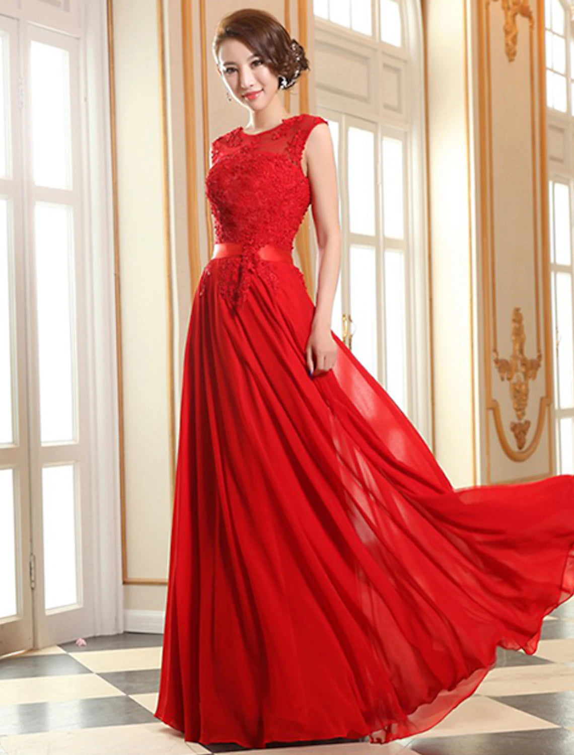 Vestido de noche de corte A, cintura alta, para dama de honor, invitada de boda, de gasa, largo hasta el suelo, sin mangas, cuello ilusión, georgette con apliques